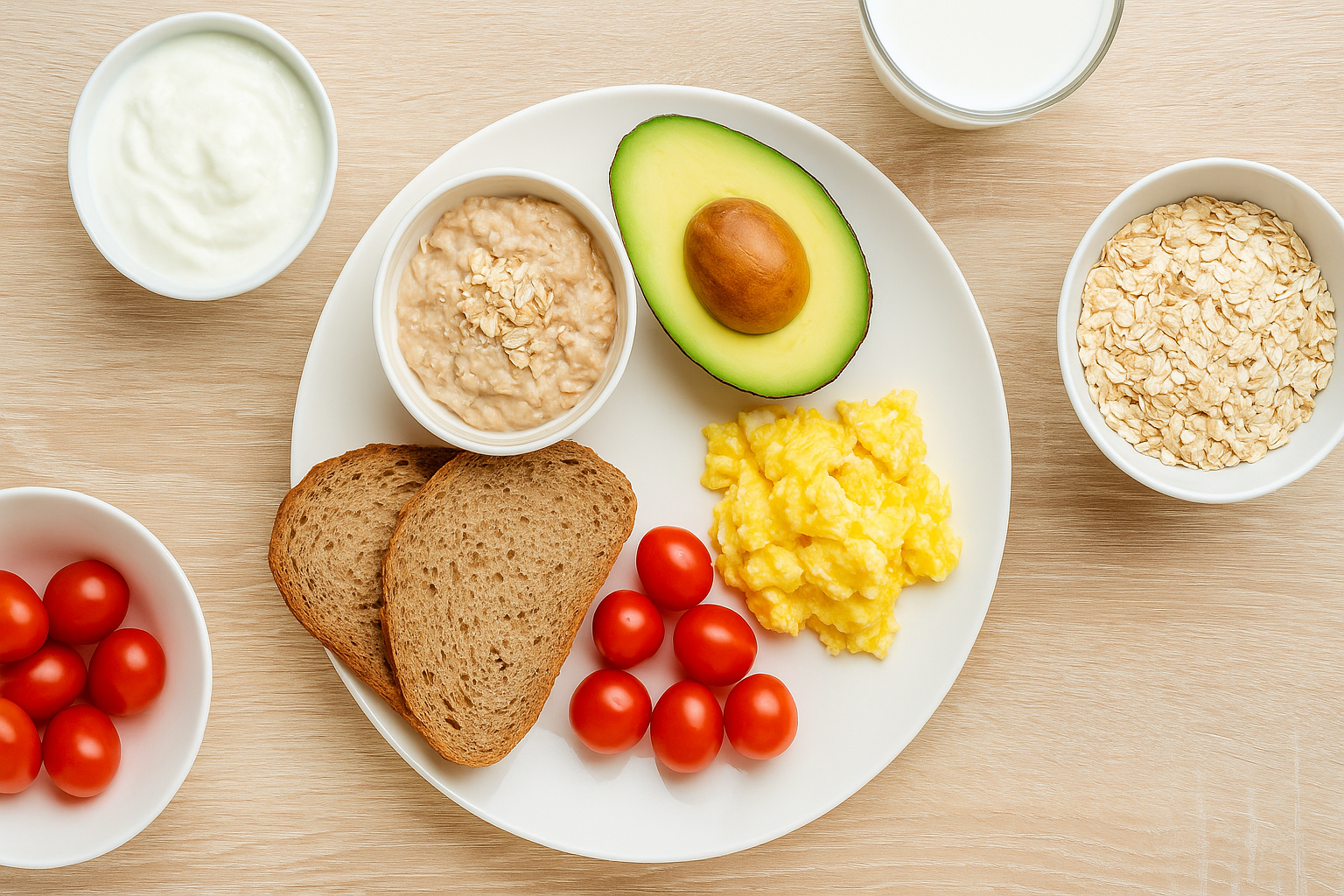 アボカドやオートミールを使った低GIの朝食プレート。血糖値対策に適した栄養バランスの整ったメニュー