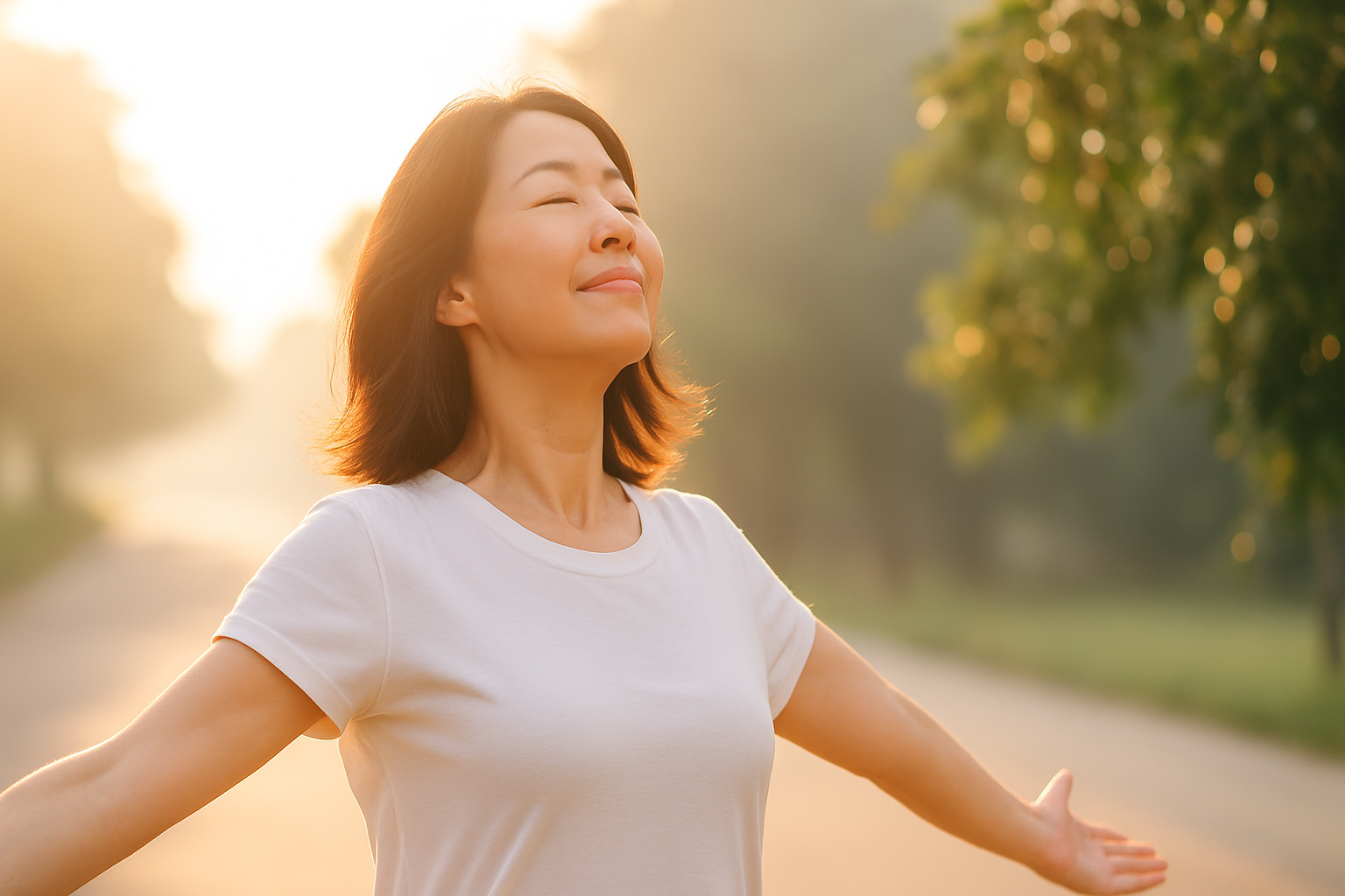 朝の光を浴びながら深呼吸する40代女性