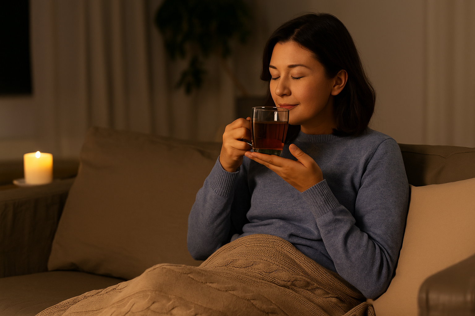 ナイトティーを飲みながらソファでくつろぐ女性