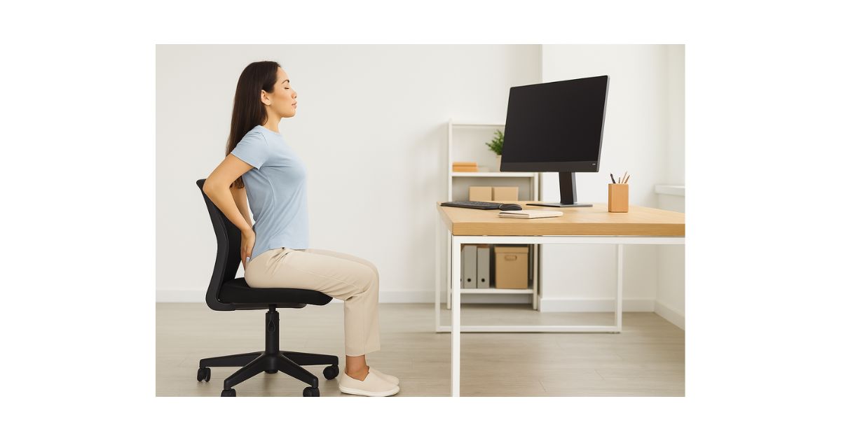 デスクワーク中に椅子を使って骨盤ストレッチをする女性