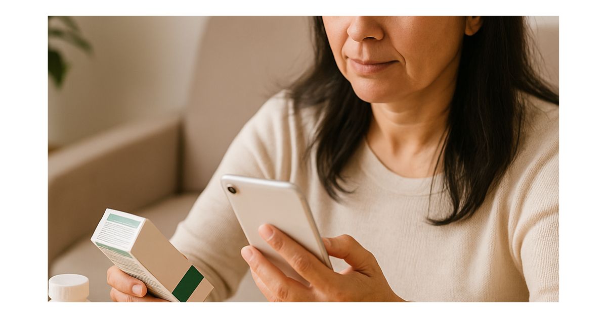 コレステロール値を気にする40代女性がスマホで成分比較する様子
